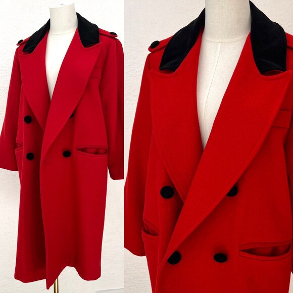 Vintage 80s Women's Red Wool Pea Coat Black Velvet Collar with Epaulets Size 12 - Picture 1 of 16
